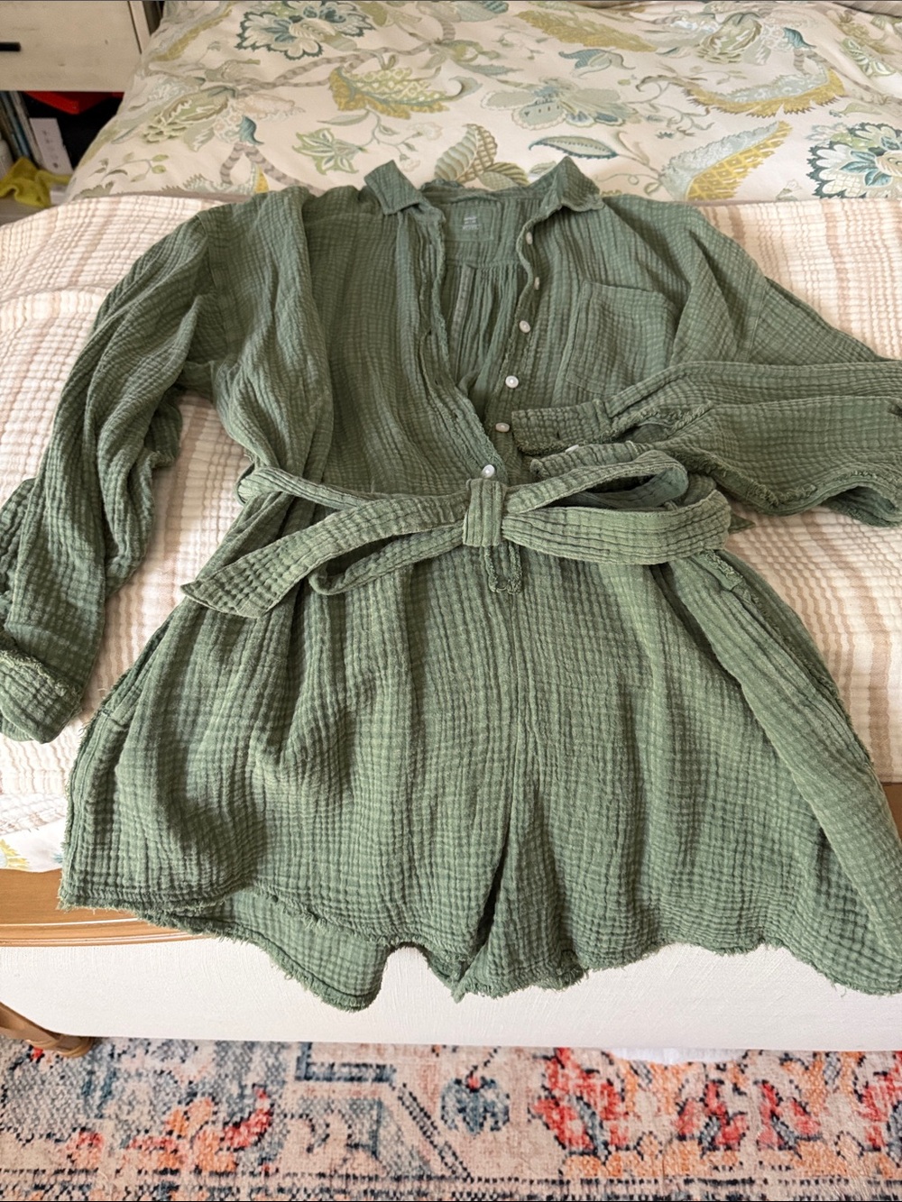 aerie Sage Green Textured Button-Front Romper with Tie Waist